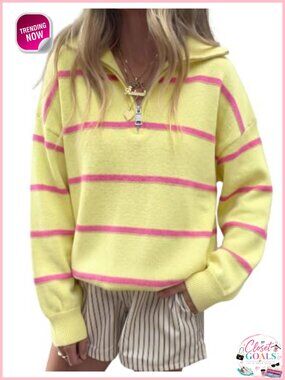 Women's Quarter Zip Striped Sweater Oversized Mock Neck Pullover
